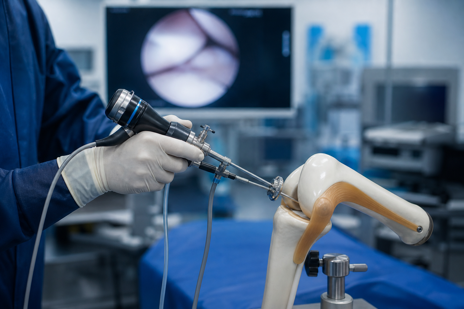 Gloved hands practising knee arthroscopy with a simulator and optical instruments